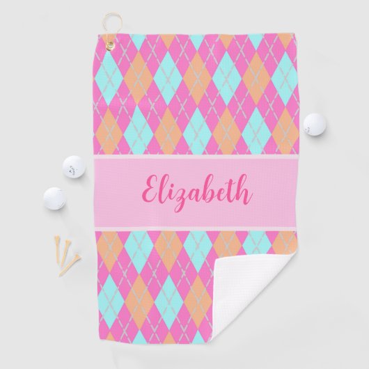 おもしろいピンクオレンジ名門私立校風のアーガイル名前をカスタムするレディース ゴルフタオル (インサイチュ)