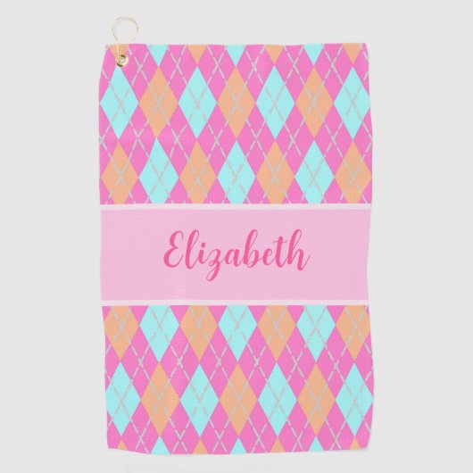 おもしろいピンクオレンジ名門私立校風のアーガイル名前をカスタムするレディース ゴルフタオル (正面)