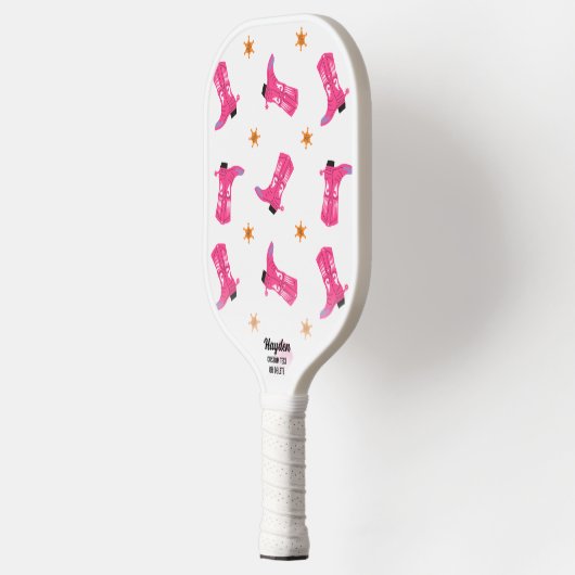 おもしろいピンクカウボーイブーツ金ゴールドスターカスタム文字 ピックルボールラケット (左)