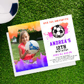おもしろいピンクカラフルのサッカー誕生日パーティー写真 招待状