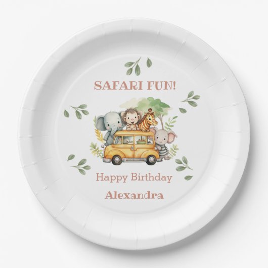 おもしろいピンクガールズジャングルサファリ誕生日 ペーパープレート (正面)