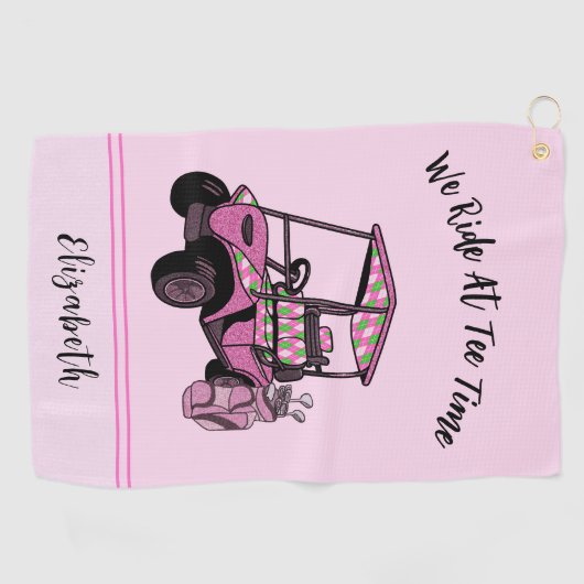 おもしろいピンクグリッターゴルフカートパーソナライズされたレディース ゴルフタオル (横)