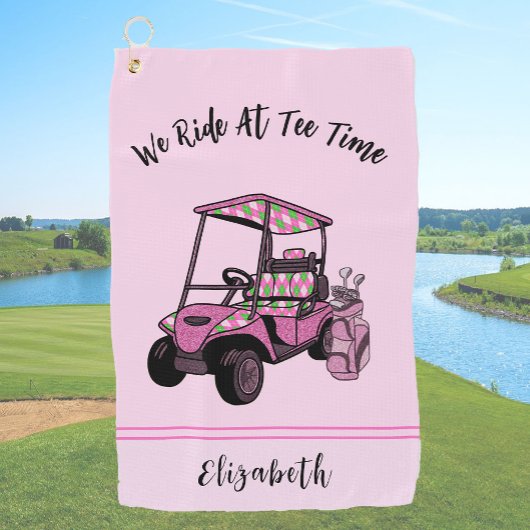 おもしろいピンクグリッターゴルフカートパーソナライズされたレディース ゴルフタオル