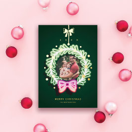 おもしろいピンクグリーンネオンライツクリスマスリース写真 箔シーズンカード