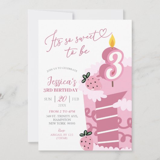 おもしろいピンクケーキ第3誕生日 招待状 (正面)