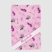 おもしろいピンクゴルフカート及びギアパーソナライズされた名 ゴルフタオル (正面)