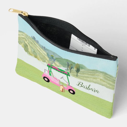おもしろいピンクゴルフカート名勝パーソナライズされた名 アクセサリーポーチ (見開き)