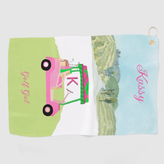おもしろいピンクゴルフカート名勝パーソナライズされた名 ゴルフタオル (横)
