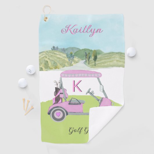 おもしろいピンクゴルフカート名勝パーソナライズされた名 ゴルフタオル (インサイチュ)