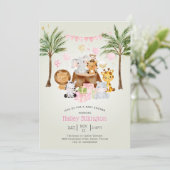 おもしろいピンクサファリジャングルウォーターカラーガールベビーシャワー 招待状 (スタンド正面)