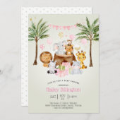 おもしろいピンクサファリジャングルウォーターカラーガールベビーシャワー 招待状 (正面/裏面)