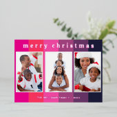 おもしろいピンクストライプの3フォトコラージメリークリスマス 箔シーズンカード (立ち正面)