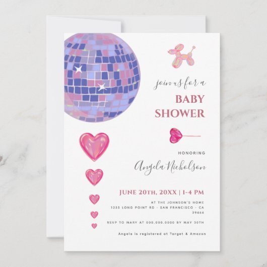 おもしろいピンクディスコボールバルーン女の子ベビーシャワー 招待状 (正面)