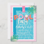 おもしろいピンクトロピカルアダルトサマープールパーティー誕生日 招待状 (正面)