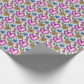 おもしろいピンクハートとオレンジブルーの花 ラッピングペーパー (角)