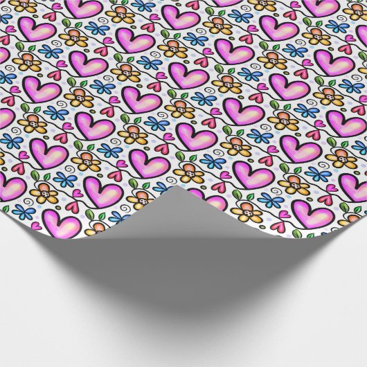 おもしろいピンクハートとオレンジブルーの花 ラッピングペーパー (角)