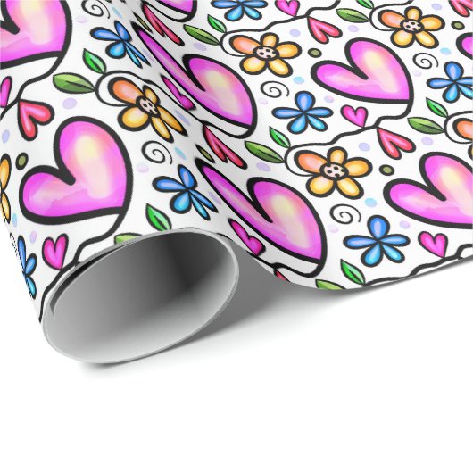 おもしろいピンクハートとオレンジブルーの花 ラッピングペーパー (ロールコーナー)