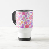 おもしろいピンクバタフライ、カップケーキ、キャンディパターン トラベルマグ (正面左)