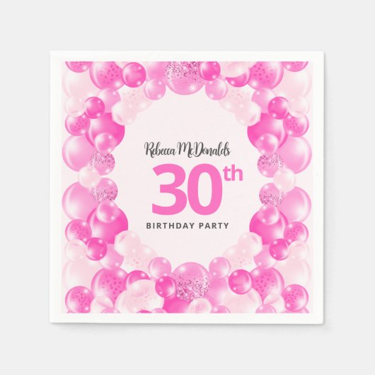おもしろいピンクバルーンフェイクグリッター30th誕生日パーティー スタンダードカクテルナプキン (正面)