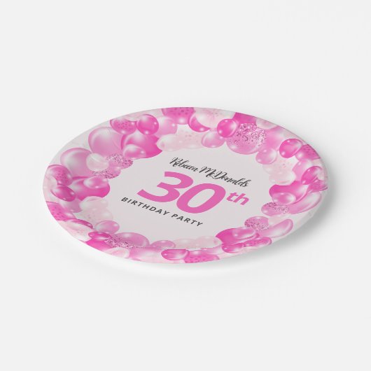 おもしろいピンクバルーンフェイクグリッター30th誕生日パーティー ペーパープレート (アングル)