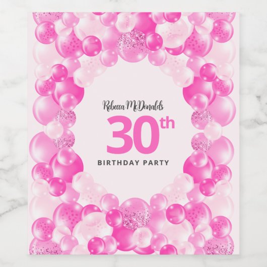 おもしろいピンクバルーンフェイクグリッター30th誕生日パーティー ワインラベル (シングルラベル)