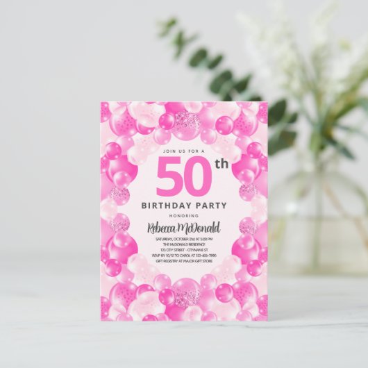 おもしろいピンクバルーンフェイクグリッター50th誕生日パーティー インビテーションポストカード (スタンド正面)
