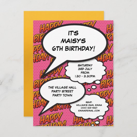 おもしろいピンクバースデーパーティーモダン漫画写真 インビテーションポストカード (正面/裏面)