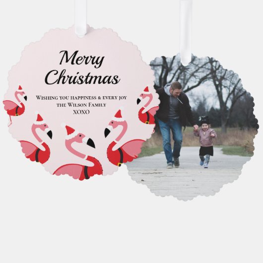 おもしろいピンクフラミンゴサンタフォトクリスマス オーナメントカード (正面/裏面)