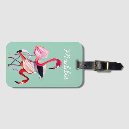 おもしろいピンクフラミンゴ水彩イラストレーション ラゲッジタグ (正面横)