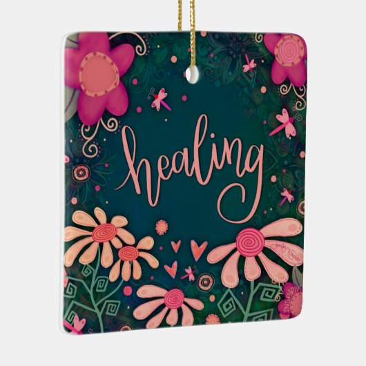 おもしろいピンクフローラヒーリングかわいらしハートの鼓動 セラミックオーナメント (右)