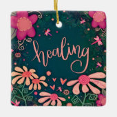 おもしろいピンクフローラヒーリングかわいらしハートの鼓動 セラミックオーナメント (正面)