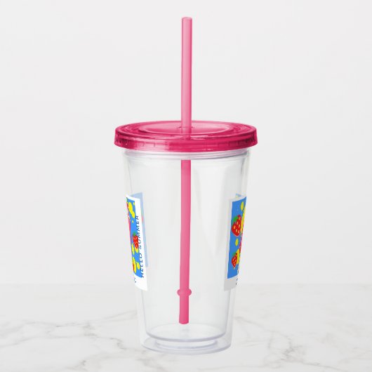 おもしろいピンクポスクルとイチゴこんにちは夏 アクリルタンブラー (右)
