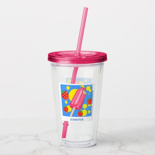 おもしろいピンクポスクルとイチゴこんにちは夏 アクリルタンブラー (裏面)