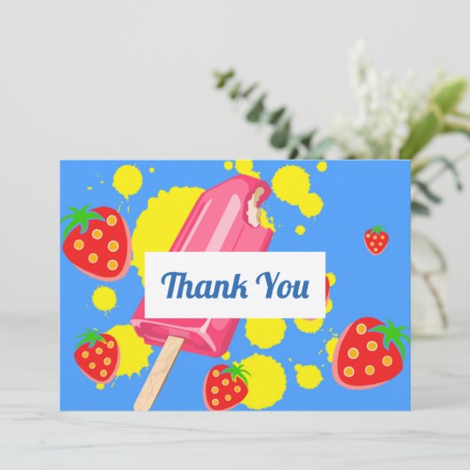 おもしろいピンクポップシクルとイチゴありがとう サンキューカード (スタンド正面)