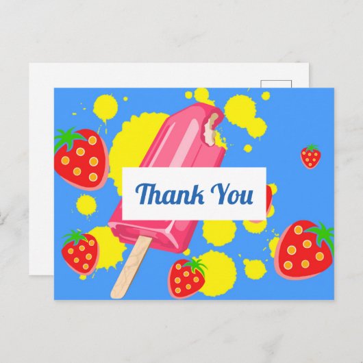 おもしろいピンクポップシクルとイチゴありがとう ポストカード (正面/裏面)