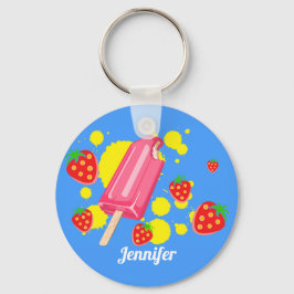 おもしろいピンクポップシクルとイチゴイラストレーション キーホルダー