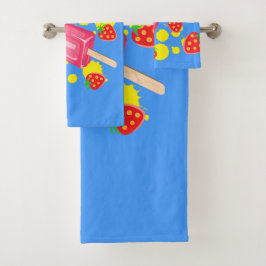 おもしろいピンクポップシクルとイチゴイラストレーション バスタオルセット