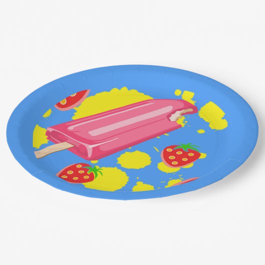 おもしろいピンクポップシクルとイチゴイラストレーション ペーパープレート (アングル)