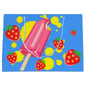 おもしろいピンクポップシクルとイチゴイラストレーション ラージペーパーバッグ (正面)