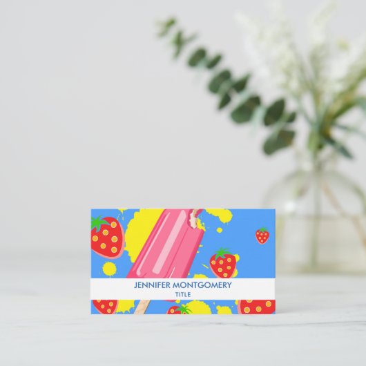 おもしろいピンクポップシクルとイチゴイラストレーション 名刺 (スタンド正面)