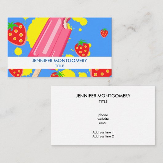 おもしろいピンクポップシクルとイチゴイラストレーション 名刺 (正面/裏面)