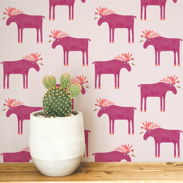 おもしろいピンクムースエルクパターン 壁紙 (Fun pink moose or elk animal pattern peel and stick art wallpaper)