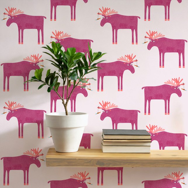 おもしろいピンクムースエルクパターン 壁紙 (Fun pink moose or elk animal pattern peel and stick art wallpaper)