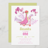 おもしろいピンク恐竜スクーター女の子の誕生日パーティー 招待状 (正面/裏面)