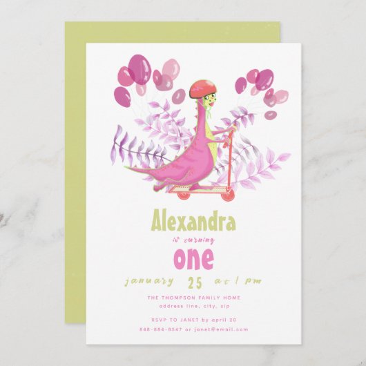 おもしろいピンク恐竜スクーター女の子の誕生日パーティー 招待状 (正面/裏面)