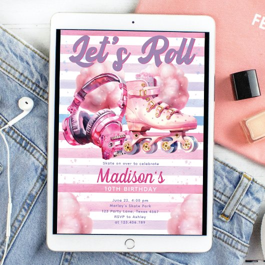 おもしろいピンク水色ローラブレード誕生日 招待状