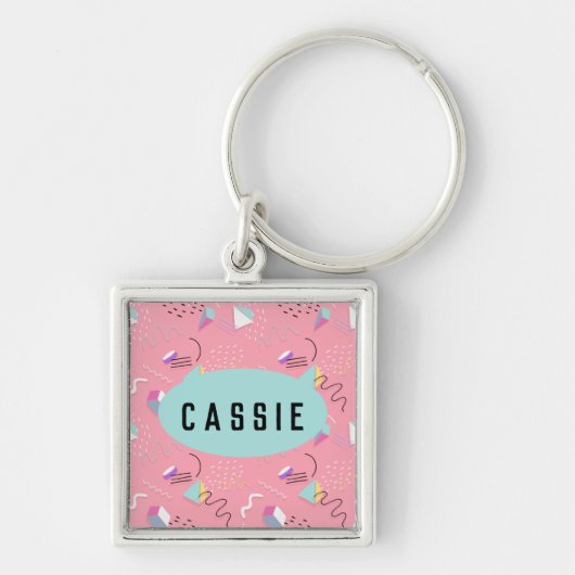 おもしろいピンク1990sスローバックグラフィックス キーホルダー (正面)