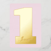 おもしろいピンク1st女の子のモダン金ゴールド圧縮誕生日 箔招待状 (正面)