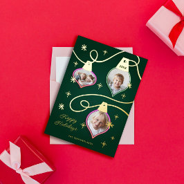 おもしろいピンク&グリーンネオンフォトクリスマスオーナメント 箔シーズンカード