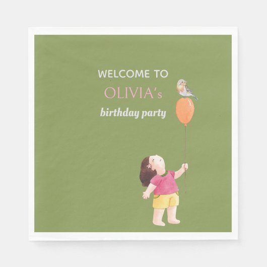 おもしろいピンク&グリーン誕生日キッズガールピクニック スタンダードランチョンナプキン (正面)